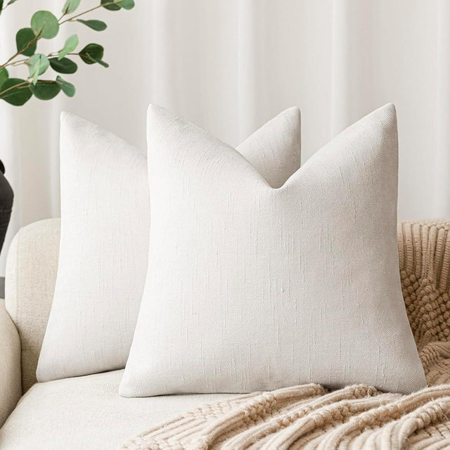 Foindtower Pack of 2 Soft Textured Chenille Throw Decorative Pillow Covers Square Accent Solid Cushion Cover Cozy Neutral Farmhouse Pillow Case for Couch Bedroom Living Room 24x24 Inch, Ivory White