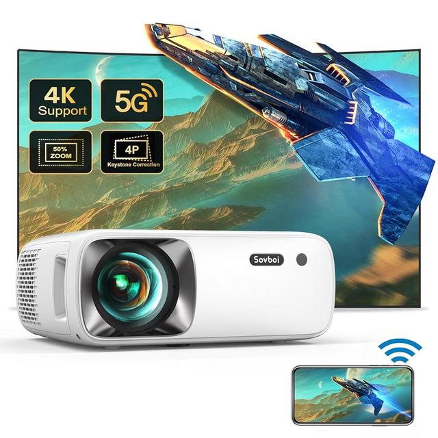 Projector 4K with WiFi and Bluetooth: Upgrade 650 ANSI Native 1080P Outdoor Projector, 4D/4P Keystone 450'' & 50% Zoom Sovboi Video Projector, SOI-Smart System Portable Projector for Outdoor/Home Use