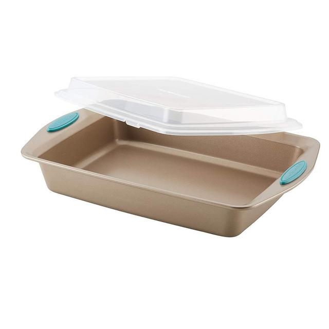 Rachael Ray 47551 Cucina Nonstick Bakeware Steel Cake Pan, 9 Inch x 13 Inch, Latte Brown w/Agave Blue