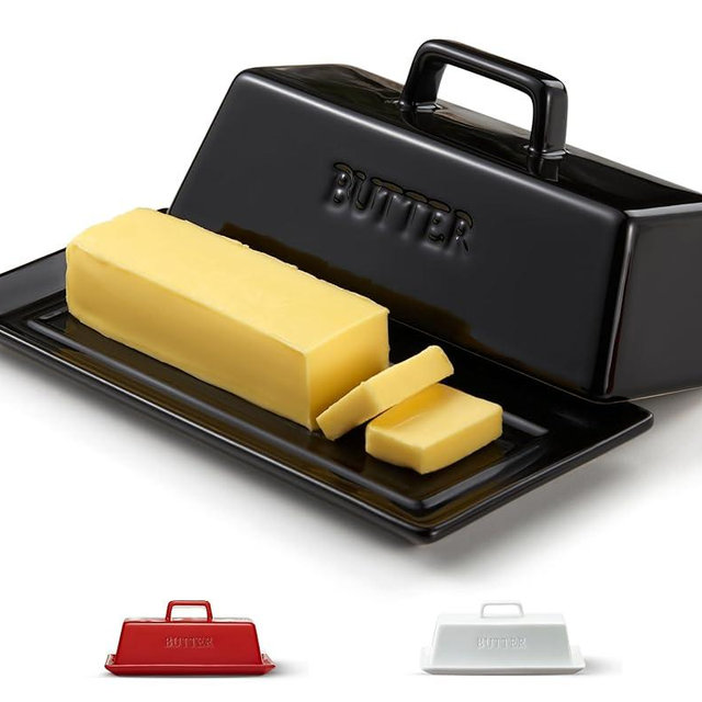 Butter Dish with Lid for Countertop, by Kook, Ceramic Butter Dish, Butter Tray with Cover, Kitchen Butter Keeper, Butter Container, Butter Holder, Holds 1 Stick, Microwave and Dishwasher Safe, Black