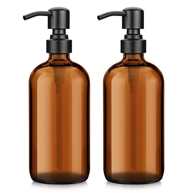 AmazerBath 2-Pack Amber Glass Soap Dispenser, 16 Oz Thick Amber Glass Pint Jar Bottles with Oil Rubbed Black Pump, Bathroom Hand Soap Container & Dish Soap Dispensers for Kitchen Sink(Black Pump)