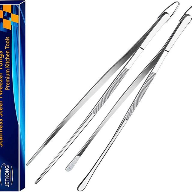 JETKONG 2 Pcs 12-Inch Kitchen Tweezers Fine Tweezer Tongs Extra-Long Stainless Steel Cooking Tweezers
