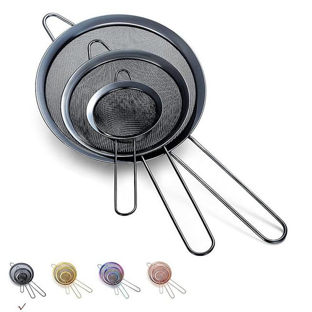 Black Fine Mesh Strainer 3 Pieces Set, Black Flour Sifter For Baking, Stainless Steel Clander, Black Matcha Tea Strainer, Gravy Separator, Stasher Sieve Pasta Strainers