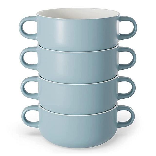Kook Soup Crocks, Ceramic Bowls, Broil, Oven, Microwave and Dishwasher Safe, with Handles, For Casserole, Pasta, Cereal, 20 oz, Set of 4, Pale Blue