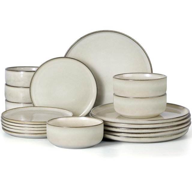 E-far 18-Piece Dinnerware Sets, Stoneware Plates and Bowls Set for 6, Reactive Glaze Dinning Ware Dishes, Microwave & Dishwasher Safe - Sandy Beige