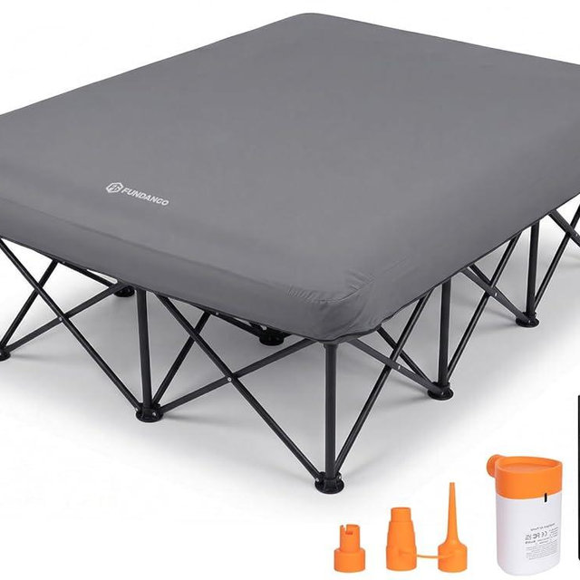 FUNDANGO Queen Camping Cot with Electric Pump, 2 Person Inflatable Air Mattress with Folding Frame, Portable Camping Bed with Cup Holders & Removable Cover for Adults, Tent Guest, Carry Bag Included
