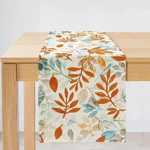 ARKENY Fall Thanksgiving Watercolor Orange Blue Leaves Table Runner 13x72 Inches Long Farmhouse Indoor Outdoor Vintage Theme Gathering Dinner Party Holiday Decor AT026