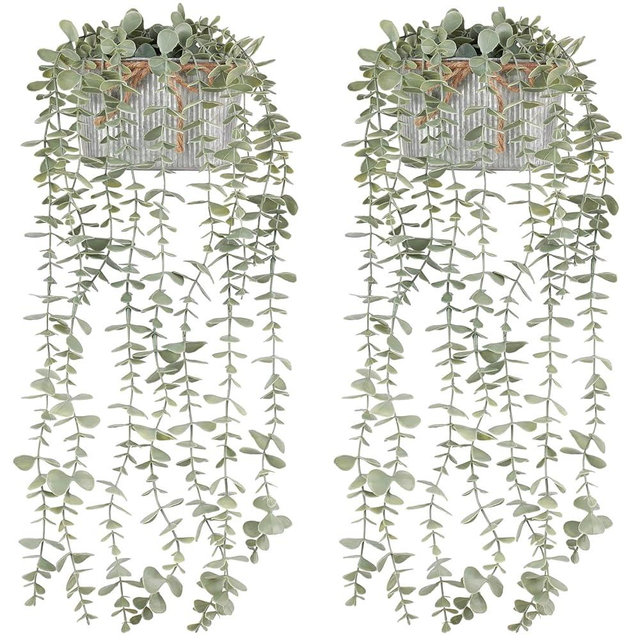 Mkono 2 Packs Fake Hanging Plants in Farmhouse Galvanized Pots Rustic Faux Potted Eucalyptus Greenery Indoor Artificial Plants for Book Shelf Mantel Living Room Bathroom Bedroom Home Office Decor