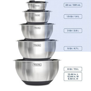 Viking Mixing Bowls Set, 10 Piece Stainless Steel Kitchen Cookware, Non-Slip Silicone Base, Includes Tight Fit Lids, Dishwasher Safe, Black