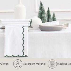 PurpleEssences Scalloped Embroidery Cloth Napkins Table Decor Spring Summer Easter 100% Cotton Set of 4-18 x 18 inch - White - Edges - Forest Green