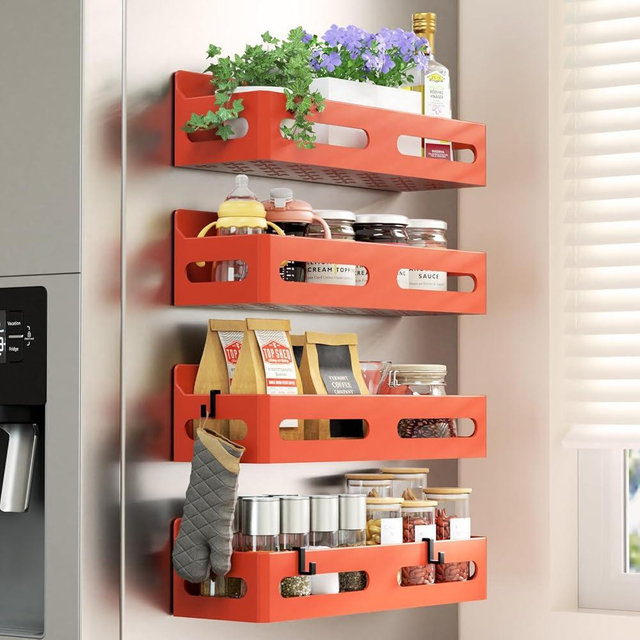 Sevenblue 4 Pack Strong Magnetic Spice Rack for Refrigerator, Multipurpose Magnetic Shelf for Fridge with 4 Hooks for kitchen and Bathroom Organization, Orange