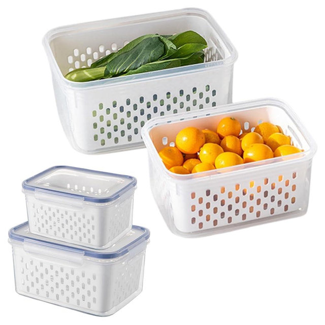 iayokocc 2 Pack Fruit Storage Containers for Fridge, Stackable Food Storage Containers with Removable Colander, Refrigerator Organizer with Drain Baskets Lids- Keeping Food Fresh Longer