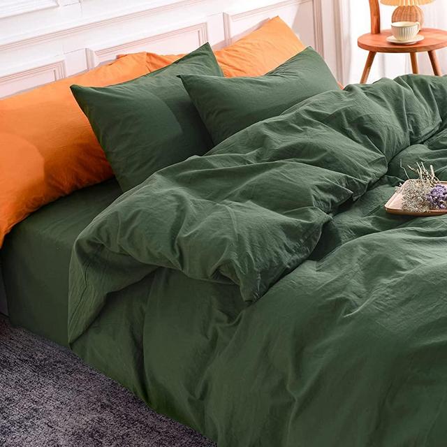 NEXHOME PRO Duvet Cover Set Queen Size Linen Feel Textured Organic Natural 100% Washed Cotton Duvet Cover 3 Pieces Bedding Set with Zipper Closure, Breathable, Soft, Forest Green (No Comforter)
