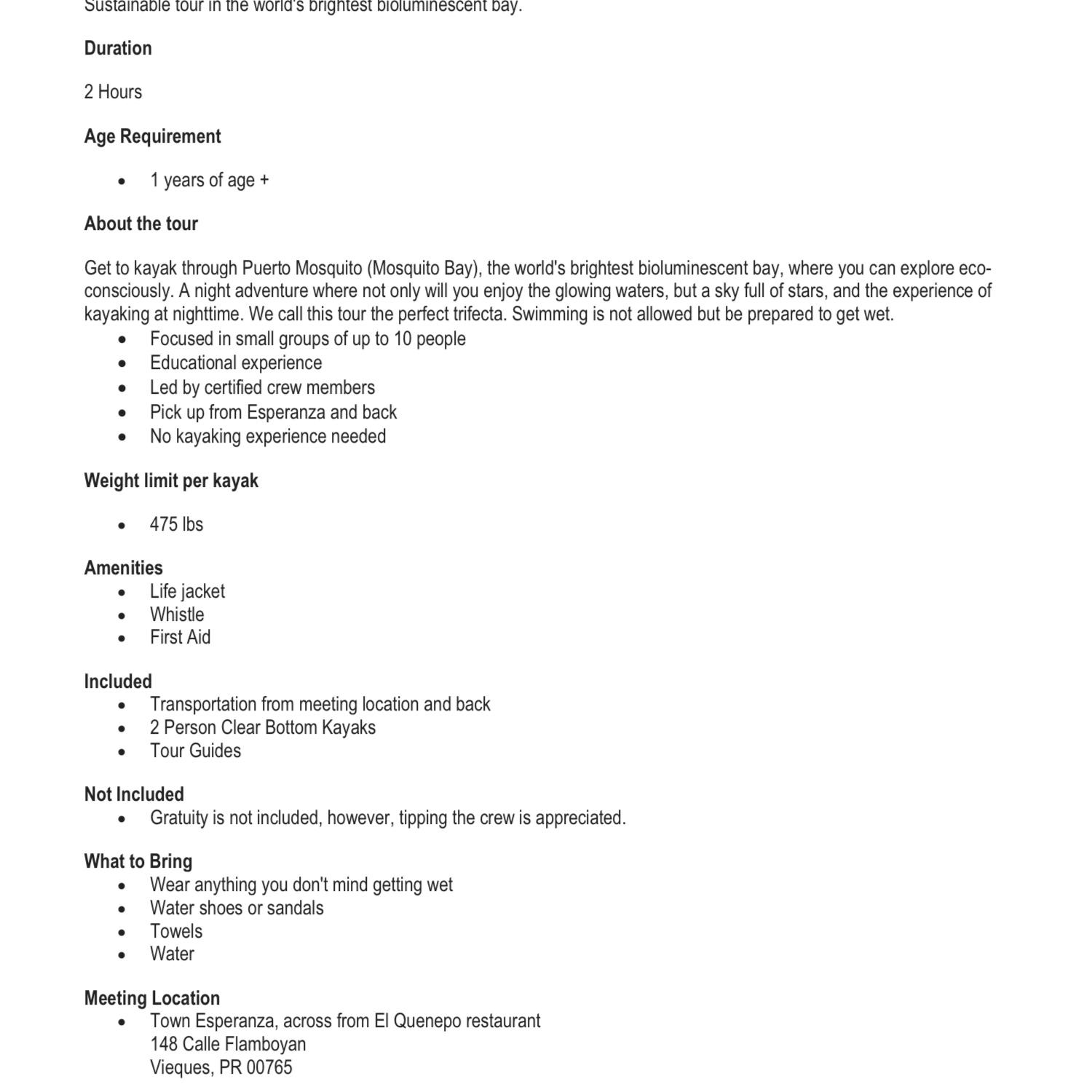 Continued detailed excursion information