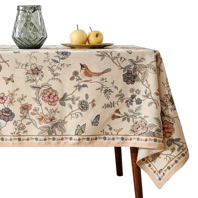 ISAENNE Designer French Light Beige Small Rectangular Tablecloth,Linen Florals and Birds Pattern Table Cloth,Anti-Wrinkle Decorative Tablecloths for Dining Thanksgiving Kitchen,55"*71"-Cornucopia