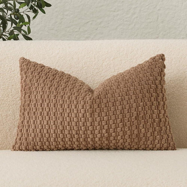UGASA Lumbar Throw Pillow Covers Pack of 1 Super Soft Boho Corduroy Decorative Pillow Cases Solid Color Plush Texture Accent Throw Pillows for Sofa Couch Living Room Chair 12x24 Inch, Light Brown