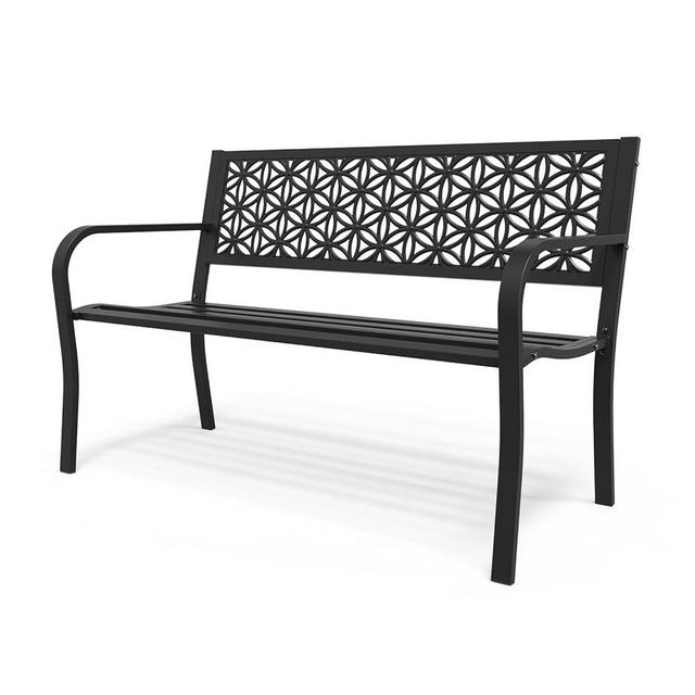 VINGLI 50" Outdoor Bench Metal with Floral Back, Garden Bench Front Porch Bench for Yard Patio Entryway Park Outside, 800lb Capacity - Black