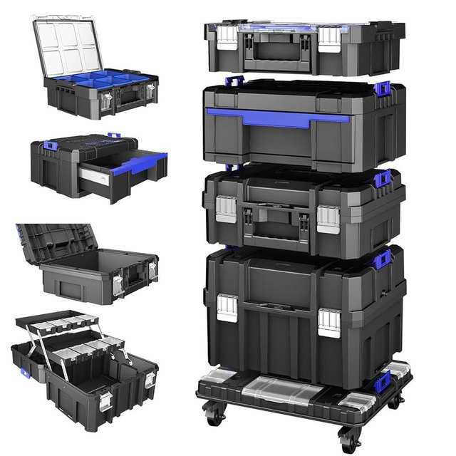 4 Tier Stackable Rolling Tool Box with Wheels | Modular Tool Organizer Box Storage System | Portable Tool Box with Drawers | Tough and Durable | For Garage Storage | Home Repairs | Professional Work
