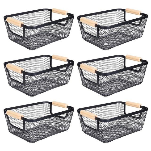 6Pack Black Wire Basket with Wooden Handle, Storage Bins for Pantry, Metal Mesh Basket for Kitchen Organization, Snack Basket Organizer for Home Cabinet Closet Bathroom Fridge Fruit Makeup and Office