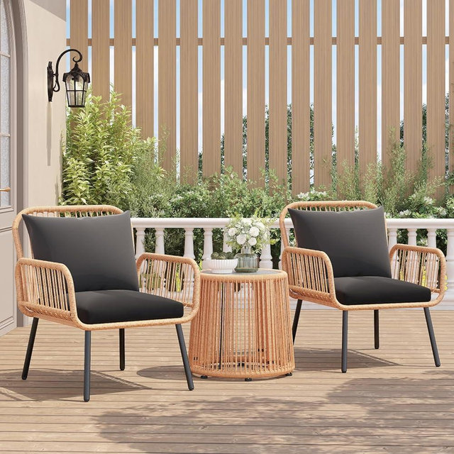 Verano Garden 3 Pieces Patio Bistro Sets, Outdoor Wicker Balcony Furniture Sets,Patio Rattan Furniture Set with Round Glass Table for Porch,Lawn,Garden,Backyard (Black, 3 PCS Set)