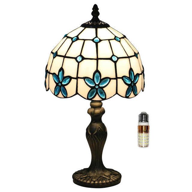tuomoxte Tiffany Style Table Lamp, 8 Inch Stained Glass Lamp, Small Antique Table Lamp, Bedside Nightstand Lamp for Bedroom,Living Room Home Office, Blue Flower Pattern, Include LED Bulb