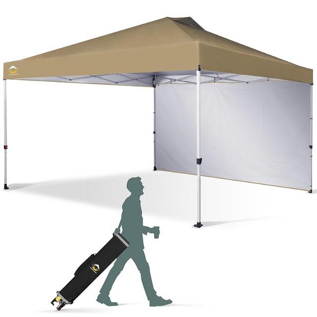 CROWN SHADES 12x12 Pop Up Canopy Tent Instant Commercial with 150D Silver Coated Fabric Including 1 Removable Sidewall, 4 Ropes, 8 Stakes, Weight Bags, STO 'N Go Bag, Beige