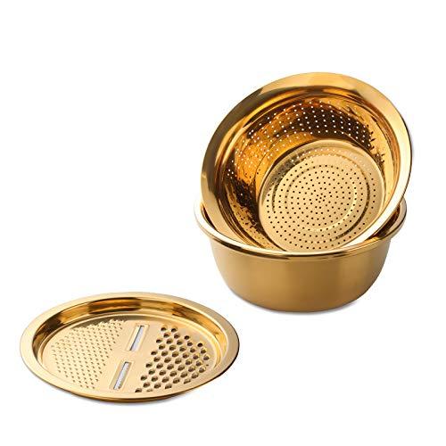 Meisha Colander, 3Pcs Stainless Steel Kitchen Tool 3 in 1 Drain Basket Fruit and Vegetable Cutter Strainer Bowl Set Drain Pot Basket Grater for Fruits Vegetables Rice Washing Mixing - Gold