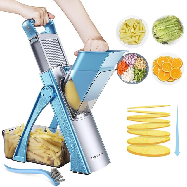 SupMaKin Upgrade Safe Mandoline Slicer Plus, Adjustable Potato Slicer, Vegetable Chopper Food Slicer, French Fries Cutter, Veggie Salad Chopper Kitchen Chopping Artifact (Blue)