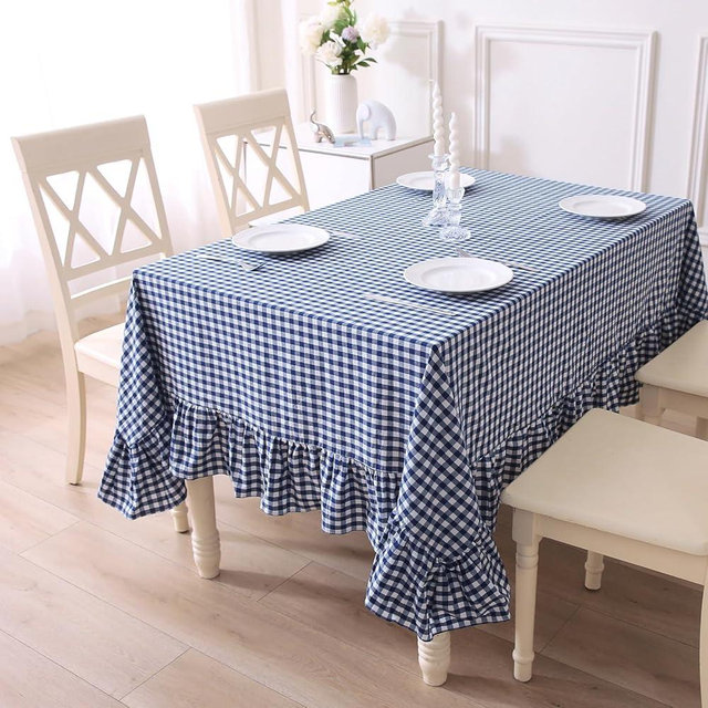 K MASANIJI 100% Cotton Navy Blue White Plaid Ruffled Table Cloth Rectangular 120x60 in Buffet Cottage Coquette Checker Gingham Vintage Decorative Tablecloth (Navy Blue/White Plaid, 120x60 inches)