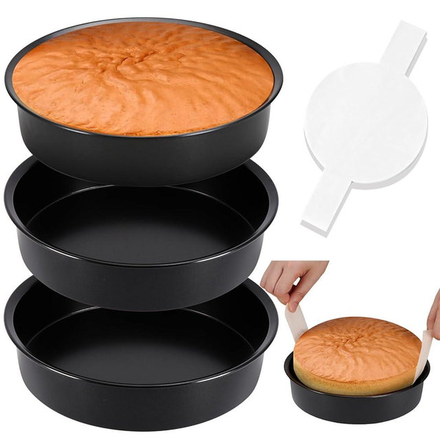 8 Inch Cake Pan, Premium Round Cake Pans Set of 3, Durable Circle Cake Pan with 100 Pieces Parchment Paper, Non-Toxic & Healthy Deep Cake Baking Pans Tins for Birthday Christmas, Dishwasher Safe