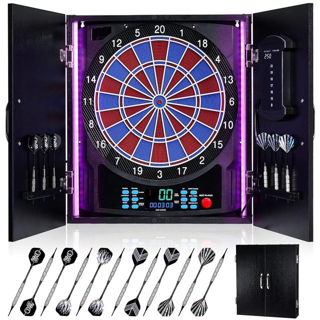 Yirinatek Electronic Dart Board, Electric Dartboard Cabinet Set for Adults [12 Soft Tip Darts] Individual Light Color for Each Player- Wooden Dartboard Cabinet for Family Game