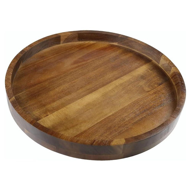 Acacia Wood Round Serving Tray, 13.8" Charcuterie Board with Rim, Decorative Centerpiece for Ottoman, Coffee Table, Couch, Kitchen Island, Round Serving Platter, 1 Pack