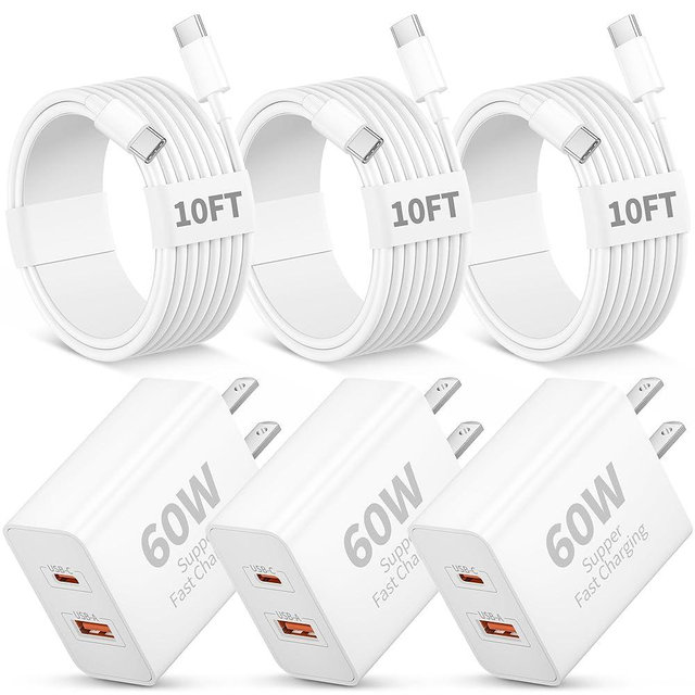 iPhone 17 16 15 Pro Max Charger Fast Charging, 3 Pack 60W Dual Port USB C Wall Charger Block with 10FT Long Type C Charging Cable Cord for iPhone 17/17 Pro Max/Air/16/15/Plus/Pro Max, iPad, AirPods