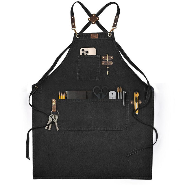LEATHER VILLAGE Chef Aprons for Men Women with Large Pockets, Cotton Canvas Cross Back Adjustable Work Apron, Size M to XXL