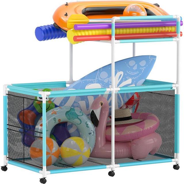 Lineware 340 Gallon Pool Float Storage, Rolling Pool Storage Bin, Mesh Swimming Pool Toy Storage, Pool Noodle Holder for Toys, Floats, Balls and Floats Equipment