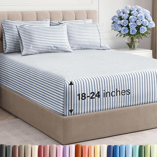 Extra Deep Cal King Sheet Set - 6 Piece Breathable and Cooling Sheets - Hotel Luxury Bedding for Women, Men, Kids & Teens - Easy Secure Fit - Soft & Wrinkle Free - Extra Deep Pockets - Blue Stripes