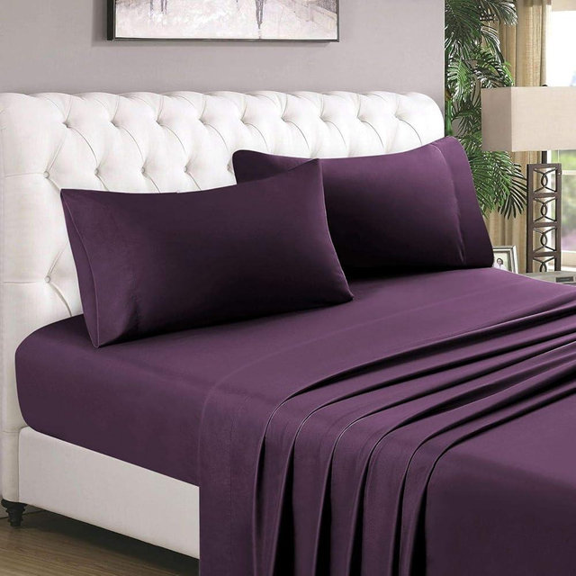Versatile Bedding 3 PCs Set - Ultra Soft Easy Care 100% Cotton 800 Thread Count 3 Piece Set with 18" Deep Pocket - Soft & Silky Sateen Weave - (1 Fitted Sheet and 2 Pillowcases) - Queen, Purple