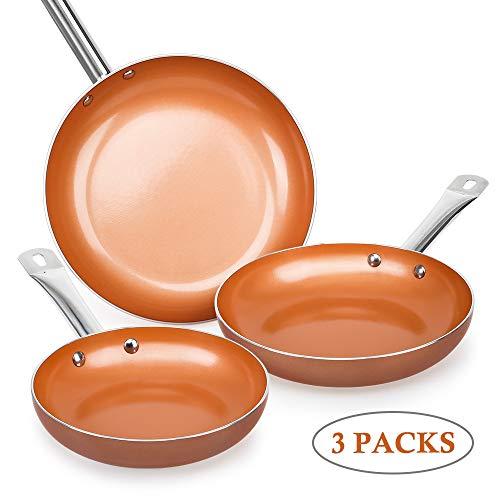 SHINEURI Nonstick Ceramic Copper Pan Set - 8/9.5/11 inch, Frying Pan Set Fry Pan Set with Induction Base & Stainless Steel Handle, Suitable for Cooking Saute Vegetables, Steaks (Round)