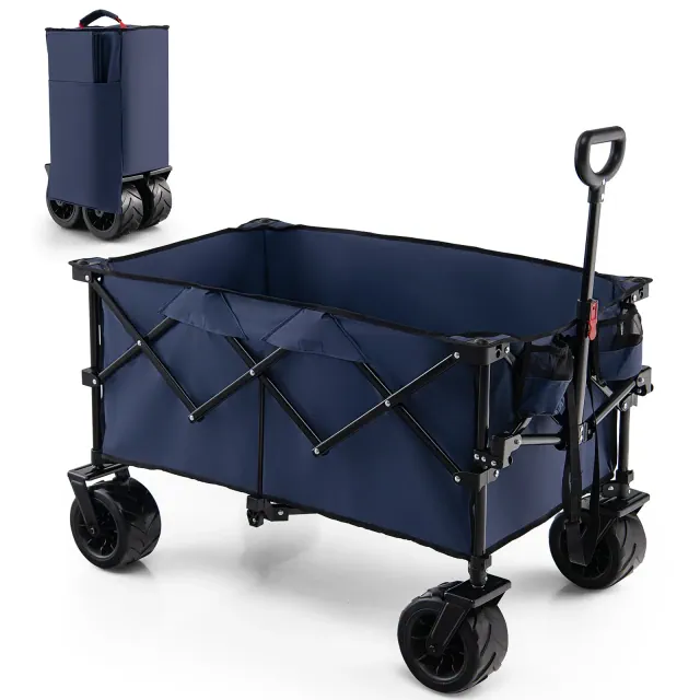 Costway Folding Collapsible Wagon Utility Garden Cart w/ Wide Wheels Adjustable Handle Blue