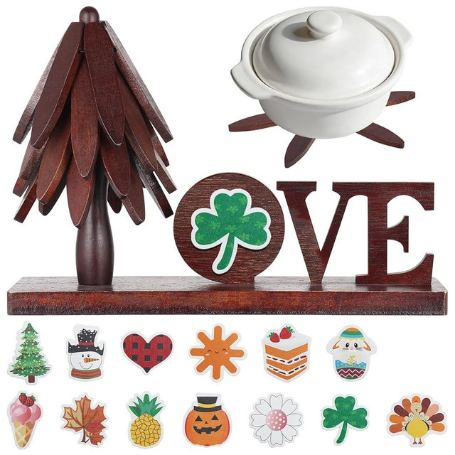 Wooden Trivets for Hot Dishes, 4 Piece Set Foldable Kitchen Wooden Trivet Interchangeable Love Sign, for Hot Dishes, Pot, Bowl, Teapot, Hot Pot Holder, for Home Table Valentines Day Mom Decor.