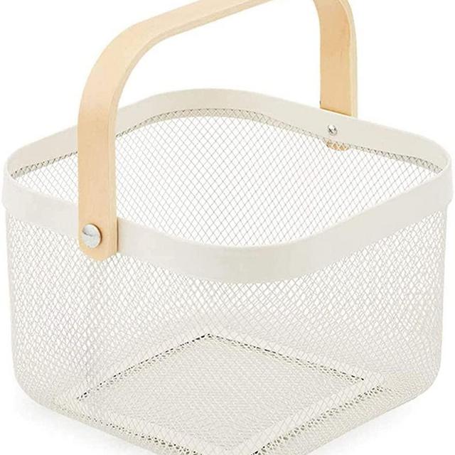 AJIODA Metal Mesh Steel Basket, Storage Organizer Basket Multi-functional Hanging Kitchen Baskets Fruit Basket Bin with Bamboo Handle for Kitchen Bathroom Picnic Shopping Decor Cabinet Home, White