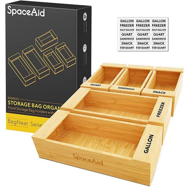 SpaceAid Ziplock Bag Storage Organizer (5 Pack) for Kitchen Drawer, Bamboo Baggie Organizers Holder, Compatible with Ziploc, Solimo, Glad, Hefty for Gallon, Quart, Sandwich and Snack Variety Size Bags