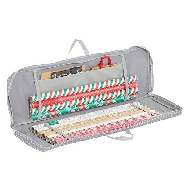 mDesign Long Gift-Wrapping Paper Storage Bag with Handles, Holder for Christmas and Holiday Organizer Container - Zipper Closure for Rolls of Wrap, Under Bed Storage Totes, Polka Dot, Gray