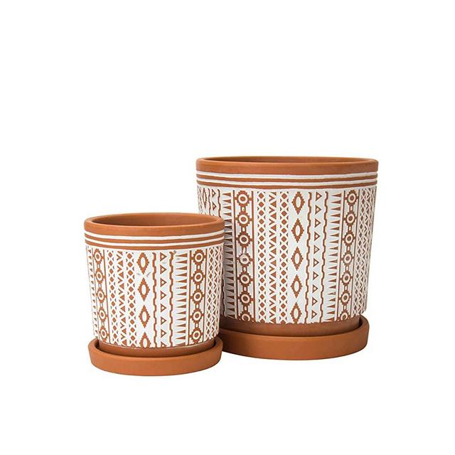 Set of 2, Terracotta Totem Design Planter Pot, 4 Inch and 6 Inch, Ceramic Plant Pot with Drainage Hole and Tray, Terracotta/White