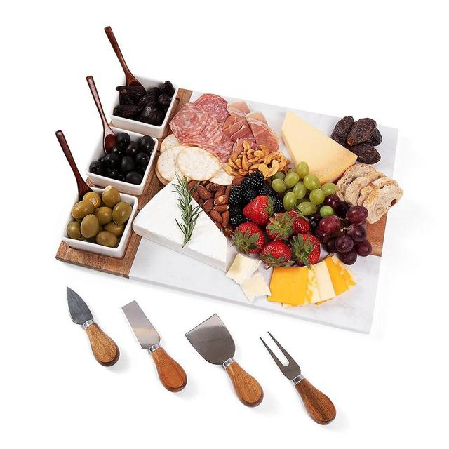 Acacia Wood and Marble Charcuterie Board Set - 11 piece Cheese Board Serving Platter - includes Knives, Bowls, Spoons - Gift Appetizer Board with Accessories - Housewarming and Holiday Unique Gift