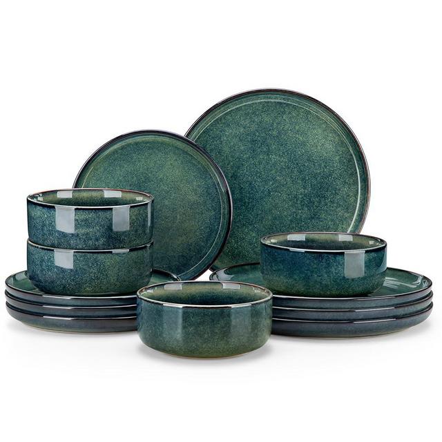 vancasso Starry 12 Pieces Dinnerware Sets for 4, Green Reactive Glaze Dishes Sets, Ceramic Plates and Bowls Set, Dinner Salad Dessert Plates, and Cereal Bowls Set, Dishwasher and Microwave Safe