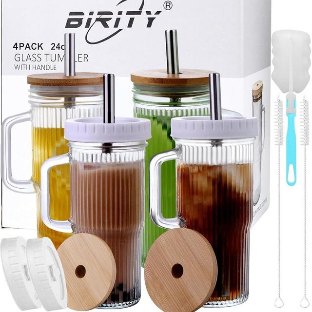 Birity 24oz Ribbed Glass Cup with Lids and Straws,4Pack Glass Tumbler with Handle,Reusable iced Coffee Cups,Wide Mouth Mason jar Cup for Smoothie,Iced Coffee,Fruit Juice,Soda Water,Tea,Travel Mug