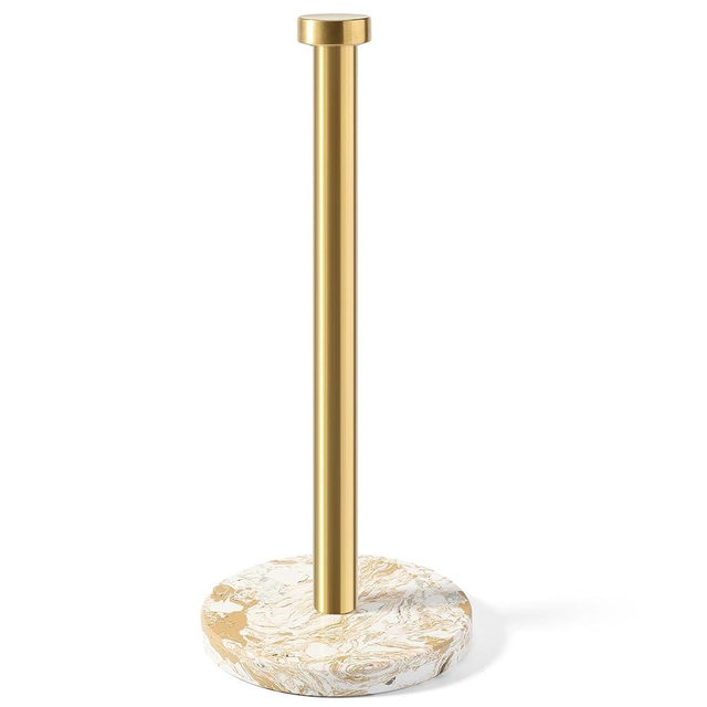 Koville Paper Towel Holder Countertop, Standing Paper Roll Holder with 6" Weighted Marble Base, Stone Paper Towel Holder with Gold Stainless Steel Rod for Kitchen Bathroom((Arabescato Doro)