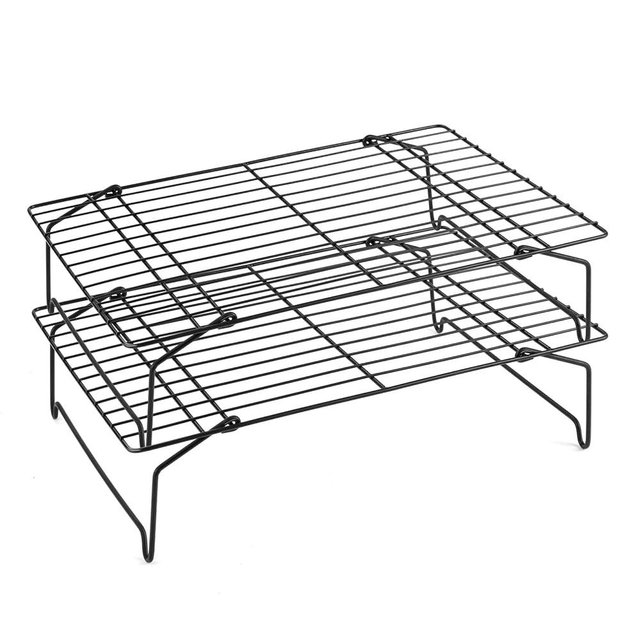 Stackable Cooling Rack Set, P&P CHEF 2-Tier Nonstick Wire Racks for Oven Baking Cooking Roasting, Stainless Steel Core & Easy Releasing Surface, Collapsible & Heavy Duty, 15” x 10”, Black
