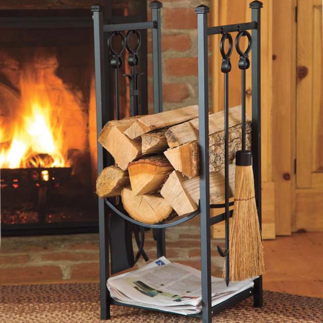 Wood Rack With Fireplace Tools - Black 13409 BK |Exclusive